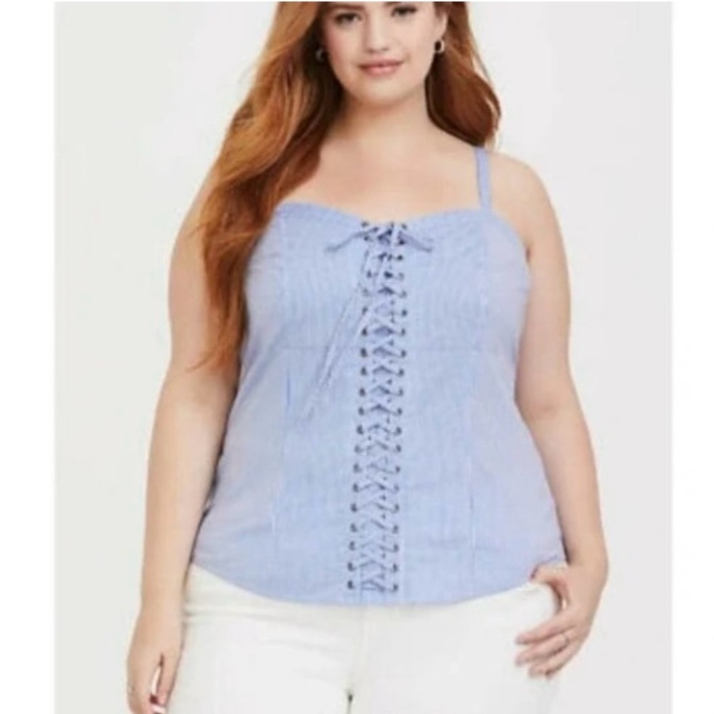 BNWT TORRID 4 BLUE & WHITE PIN STRIPE CORSET LACE UP FRONT ZIPPER BACK TANK TOP